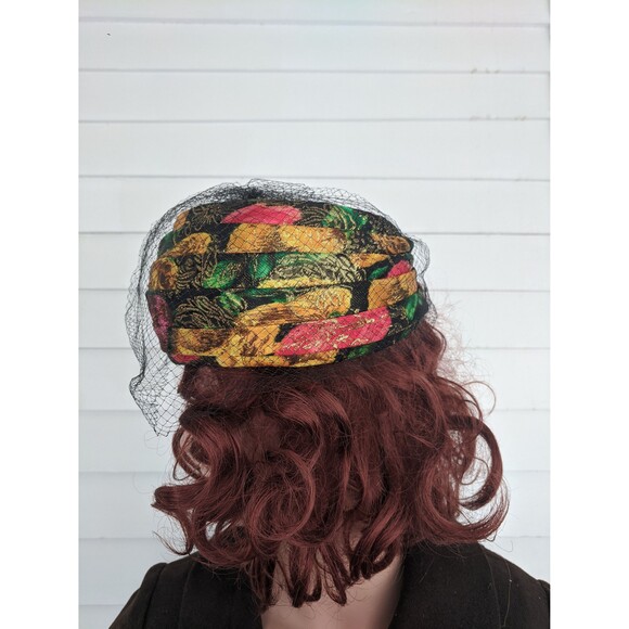 60s Metallic Hat Floral Gold Red Yellow Black Vintage